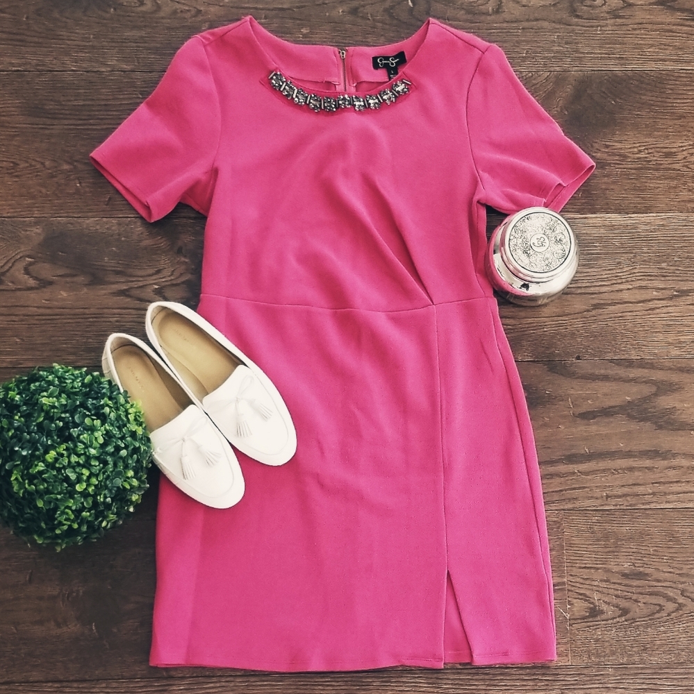 Pink Mini Dress with Embellished Neck Line